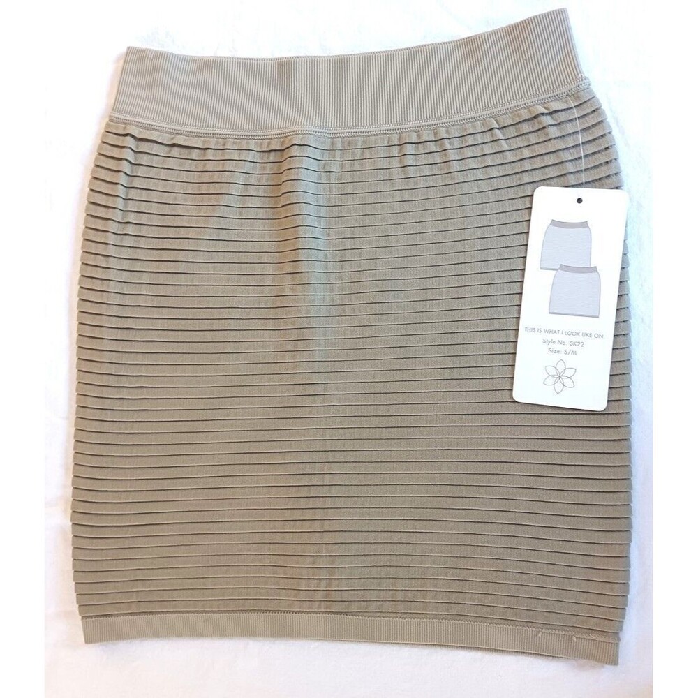 Aura Bodycon Mini Skirt S/M Pencil Stretch Taupe High Waist Pleats New w/Tags